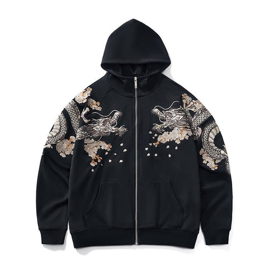 Dragon Embroidery Long Sleeve Hooded Zipper Sweatshirt Baggy Coat Loose