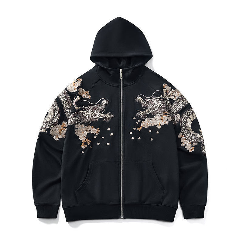 Dragon Embroidery Long Sleeve Hooded Zipper Sweatshirt Baggy Coat Loose