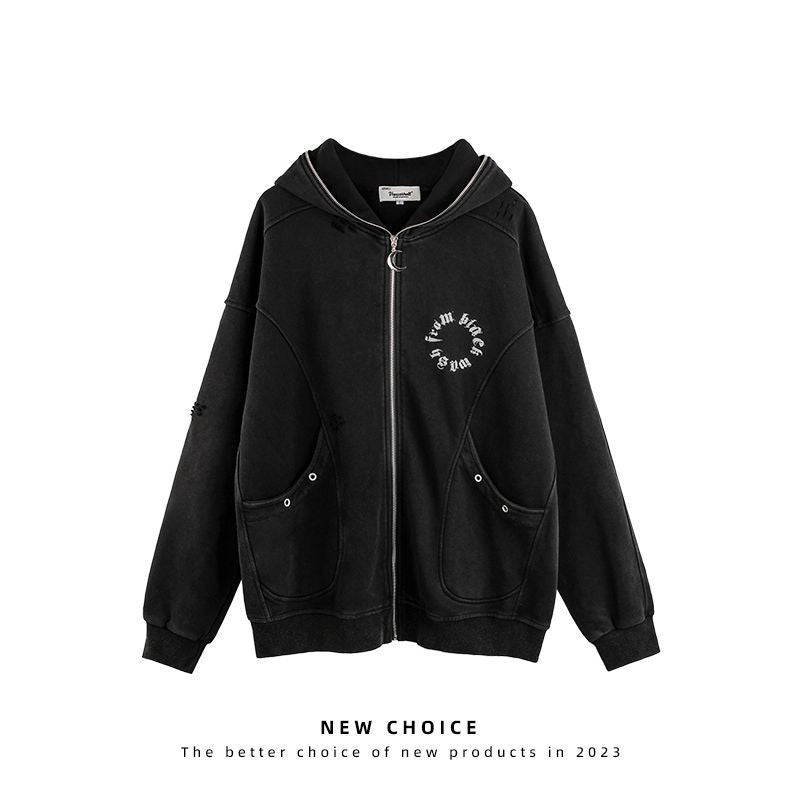 American Retro Ripped Jeans Hooded Sweater Baggy Coat